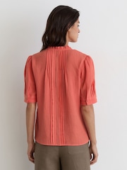 Reiss Coral Pink Aurelia Cotton Cheesecloth Frill-Neck Top - Image 4 of 5