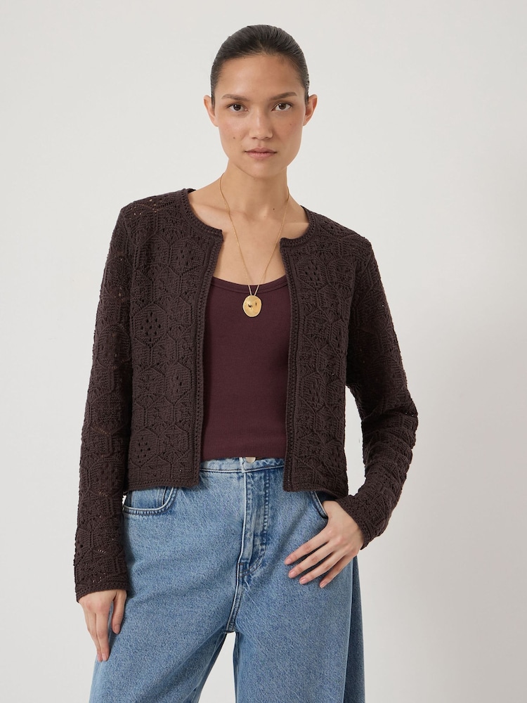 Hush Brown Crochet Cotton Edge to Edge Cardigan - Image 1 of 5