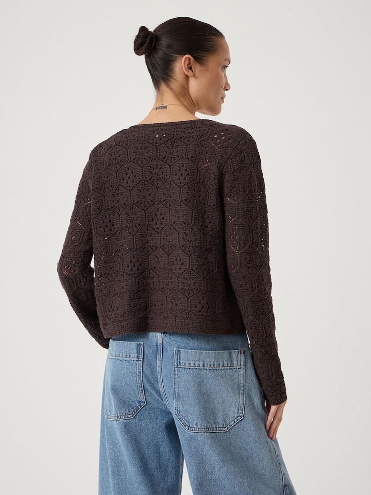 Hush Brown Crochet Cotton Edge to Edge Cardigan - Image 2 of 5