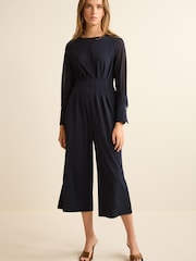 Navy Blue Corset Detail Long Sleeve Jumpsuit - Image 1 of 5
