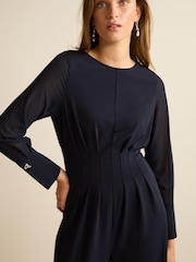 Navy Blue Corset Detail Long Sleeve Jumpsuit - Image 2 of 5