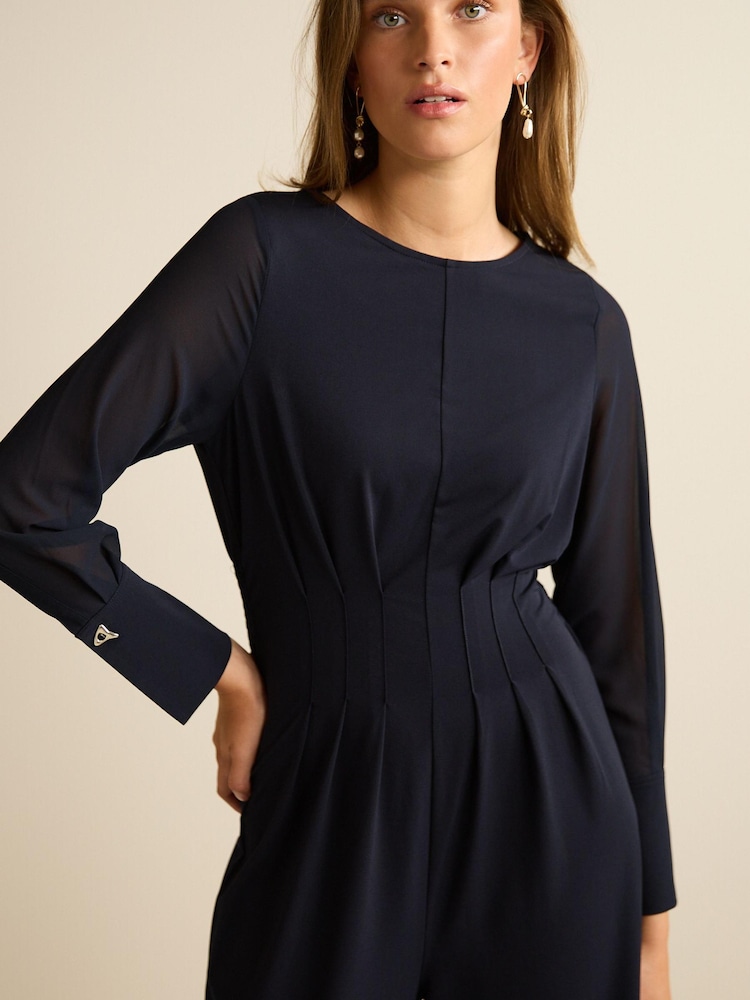 Navy Blue Corset Detail Long Sleeve Jumpsuit - Image 2 of 5