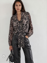 Religion Animal Leopard Print Alfa V-Neck Blouse With Tie Sash - Image 1 of 8