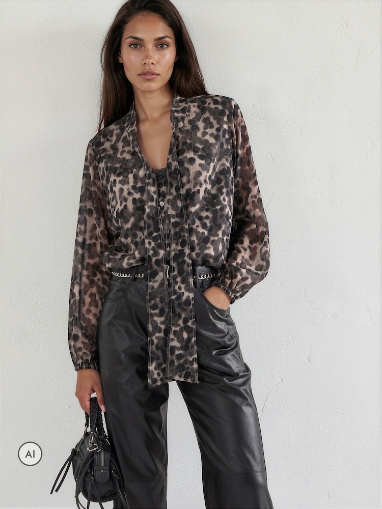 Religion Animal Leopard Print Alfa V-Neck Blouse With Tie Sash - Image 1 of 8 Religion Animal Leopard Print Alfa V-Neck Blouse With Tie Sash - Image 1 of 8