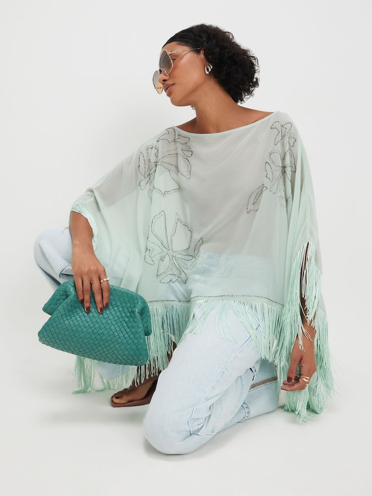 River Island Blue Beaded Tassel Cape Poncho - Image 2 of 4