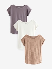 White Ecru/Grey/Brown Print 100% Cotton Cap Sleeve T-Shirts 3 Pack - Image 1 of 9