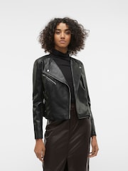 VERO MODA Black Collarless Faux Leather Jacket - Image 1 of 6