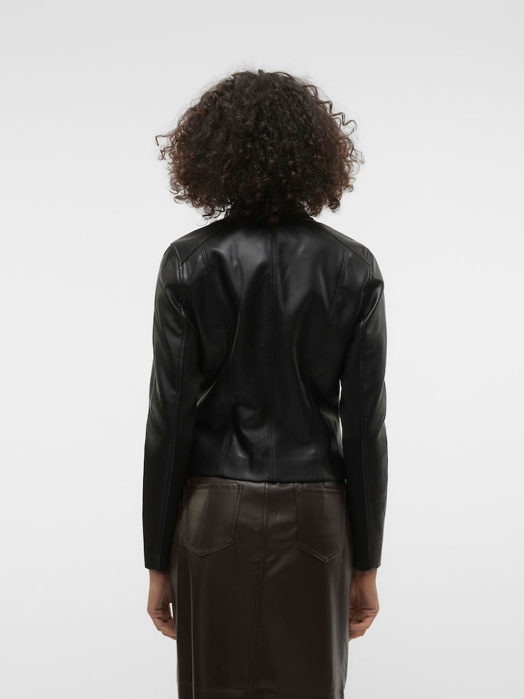 VERO MODA Black Collarless Faux Leather Jacket - Image 2 of 6