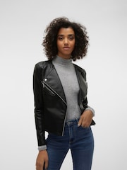VERO MODA Black Collarless Faux Leather Jacket - Image 4 of 6