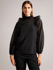 Ted Baker Black Knit Rib Collar Aubreei Blouse with Balloon Sleeves - Image 1 of 6