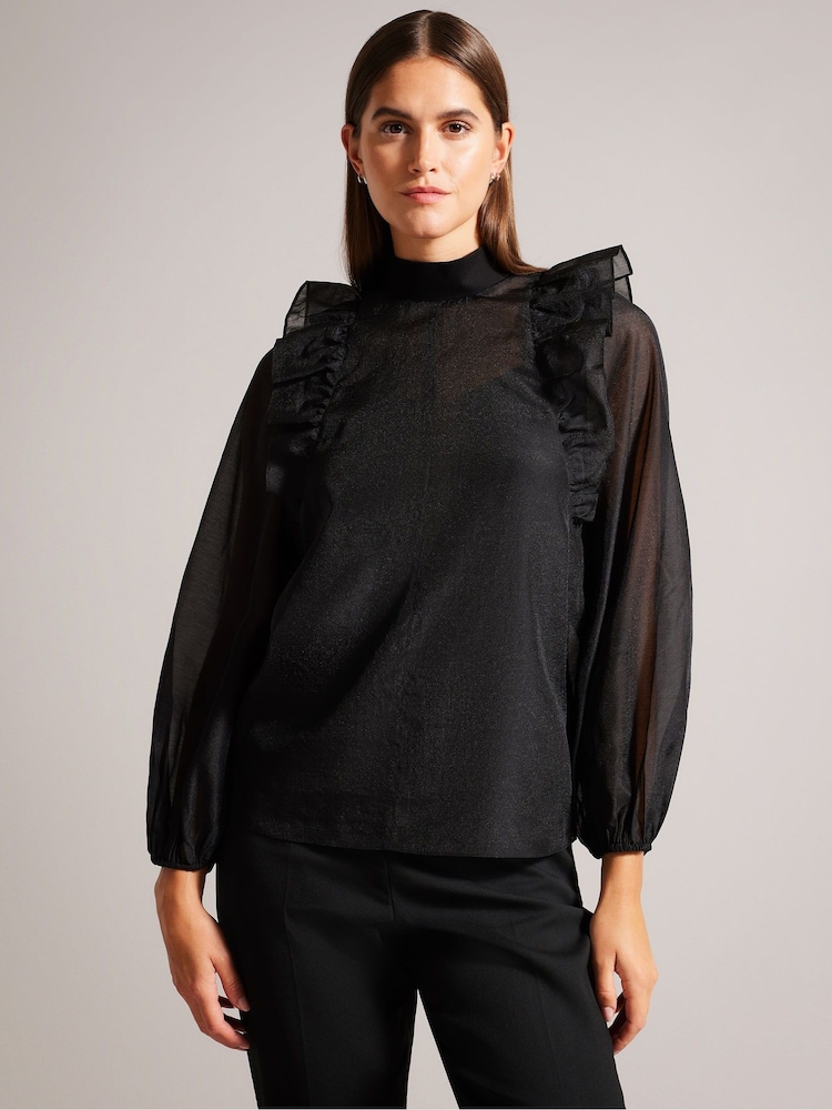 Ted Baker Black Knit Rib Collar Aubreei Blouse with Balloon Sleeves - Image 1 of 6