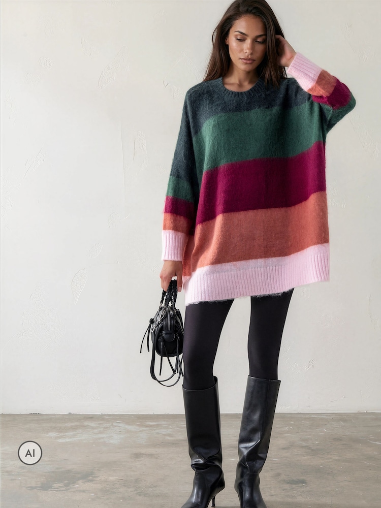 Religion Green Oversized Katya Jumper Dress In Bold Stripe - Image 1 of 8 Religion Green Oversized Katya Jumper Dress In Bold Stripe - Image 1 of 8