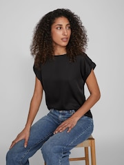 VILA Black Short Sleeve Satin and Jersey Top - Image 1 of 6