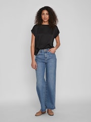 VILA Black Short Sleeve Satin and Jersey Top - Image 3 of 6
