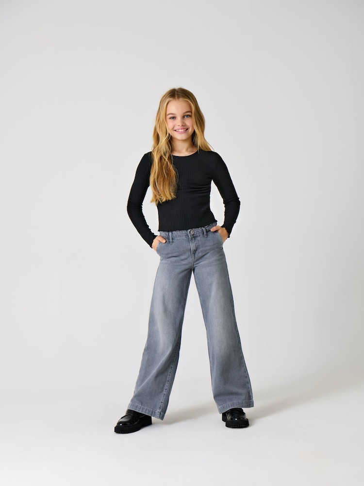 ONLY KIDS Grey Wide Leg Adjustable Waist 100% Cotton Jeans - Image 1 of 3