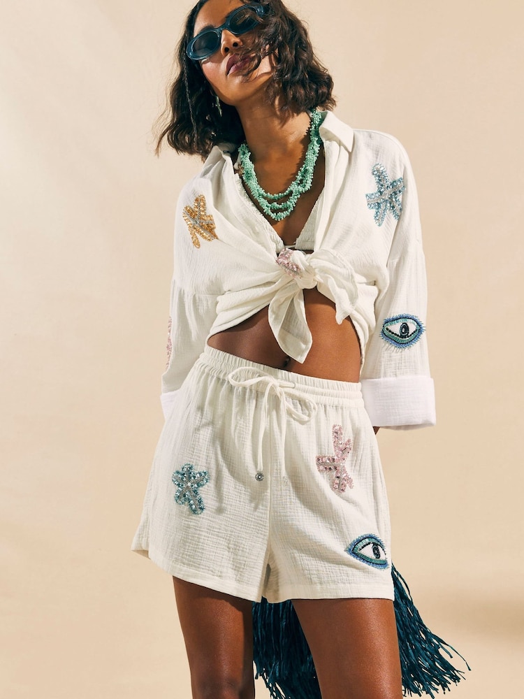 River Island White Embellished Beach Shorts - Image 1 of 4