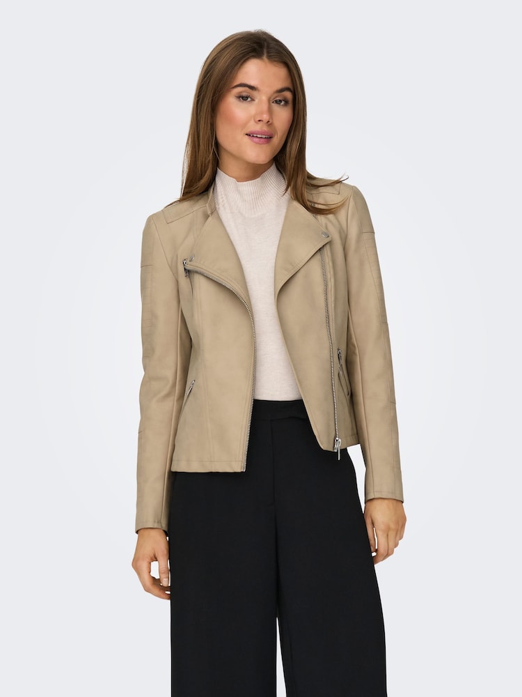 ONLY Cream Collarless Faux Leather Biker Jacket - Image 1 of 7 ONLY Cream Collarless Faux Leather Biker Jacket - Image 1 of 7