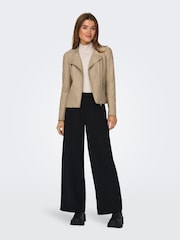 ONLY Cream Collarless Faux Leather Biker Jacket - Image 2 of 7