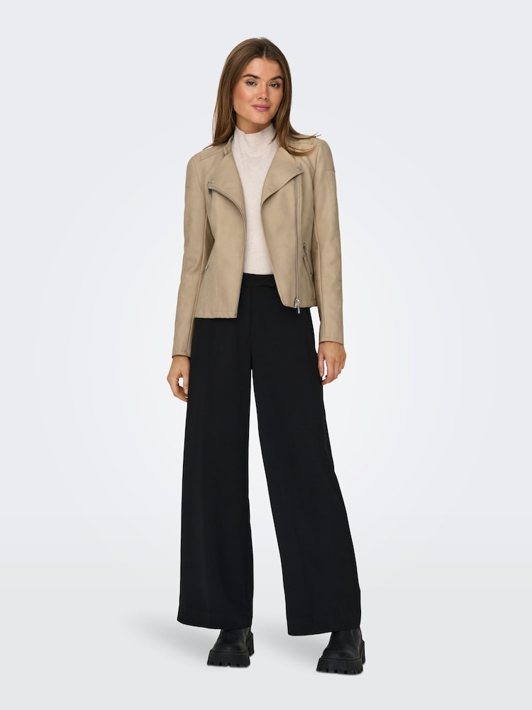 ONLY Cream Collarless Faux Leather Biker Jacket - Image 2 of 7 ONLY Cream Collarless Faux Leather Biker Jacket - Image 2 of 7