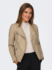 ONLY Cream Collarless Faux Leather Biker Jacket - Image 4 of 7