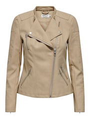 ONLY Cream Collarless Faux Leather Biker Jacket - Image 6 of 7