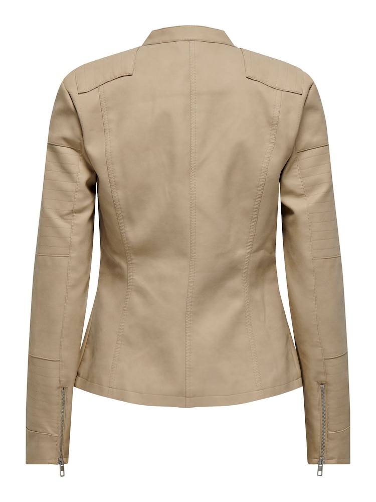 ONLY Cream Collarless Faux Leather Biker Jacket - Image 7 of 7 ONLY Cream Collarless Faux Leather Biker Jacket - Image 7 of 7