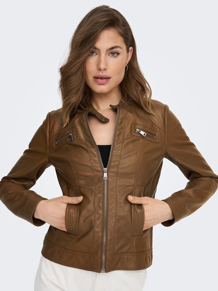 ONLY Brown Collarless Pu Biker Jacket - Image 1 of 6 ONLY Brown Collarless Pu Biker Jacket - Image 1 of 6