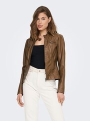 ONLY Brown Collarless Pu Biker Jacket - Image 2 of 6