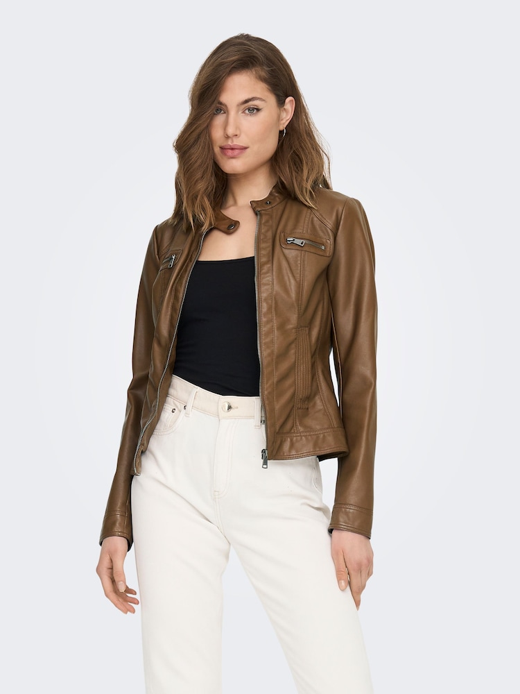 ONLY Brown Collarless Pu Biker Jacket - Image 2 of 6