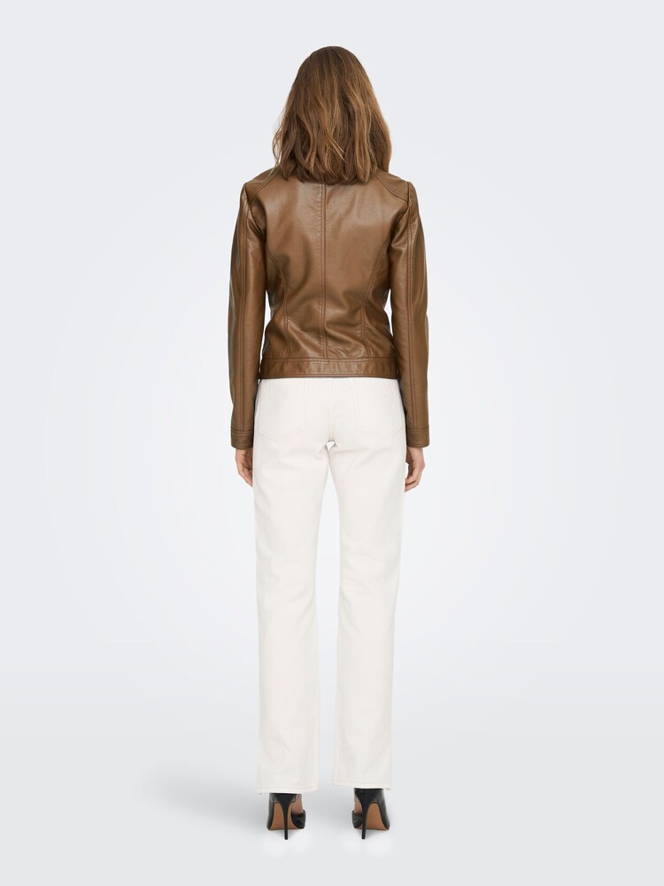 ONLY Brown Collarless Pu Biker Jacket - Image 3 of 6