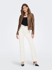 ONLY Brown Collarless Pu Biker Jacket - Image 4 of 6