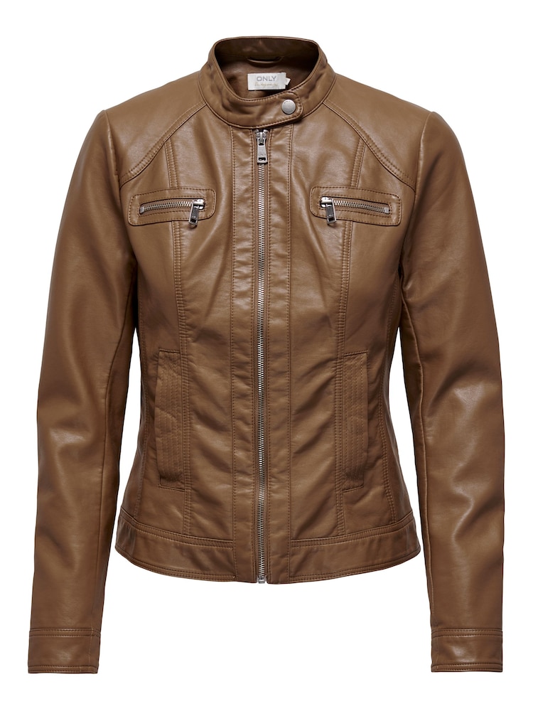ONLY Brown Collarless Pu Biker Jacket - Image 5 of 6