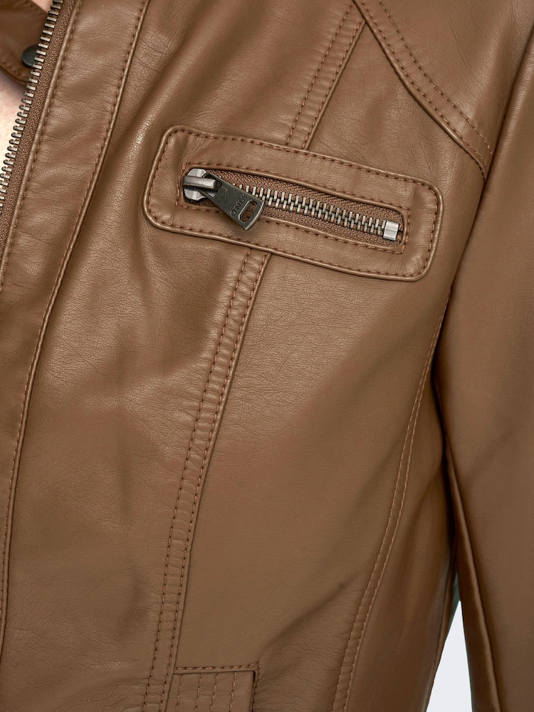 ONLY Brown Collarless Pu Biker Jacket - Image 6 of 6