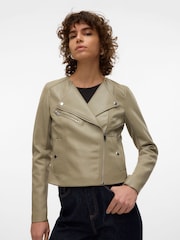 VERO MODA Green Collarless Faux Leather Jacket - Image 1 of 7