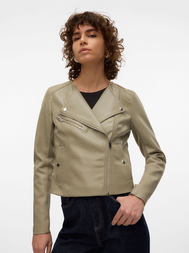 VERO MODA Green Collarless Faux Leather Jacket - Image 1 of 7