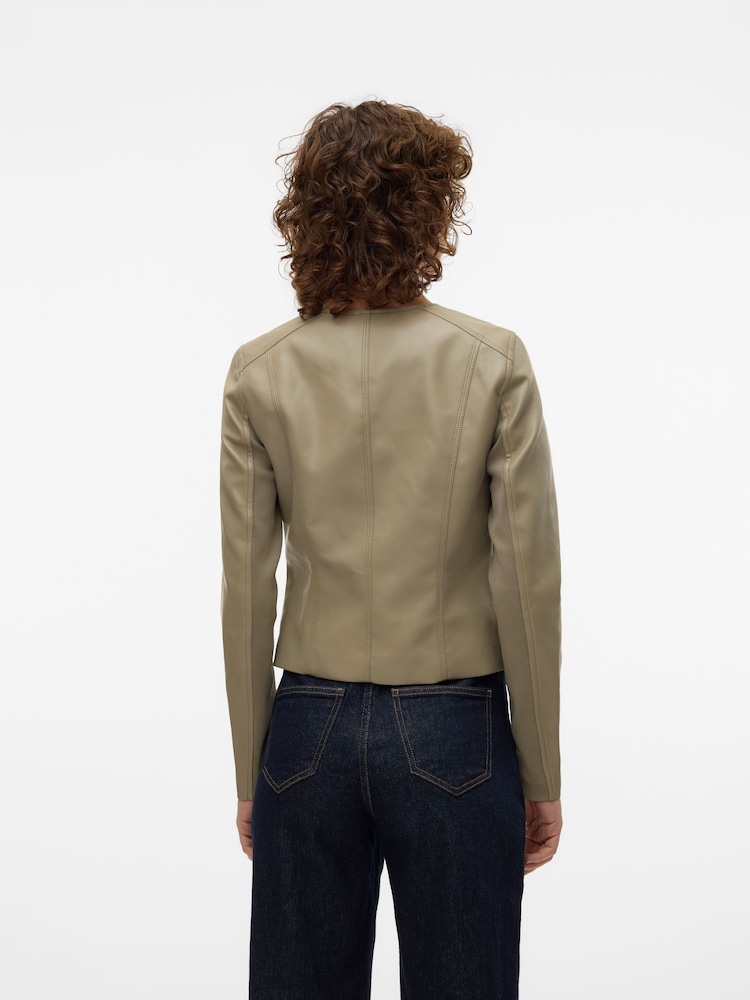 VERO MODA Green Collarless Faux Leather Jacket - Image 2 of 7