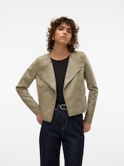 VERO MODA Green Collarless Faux Leather Jacket - Image 4 of 7