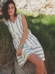 White/Blue Stripe Ruffle Sleeve V-Neck Linen Blend Summer Dress - Image 1 of 7