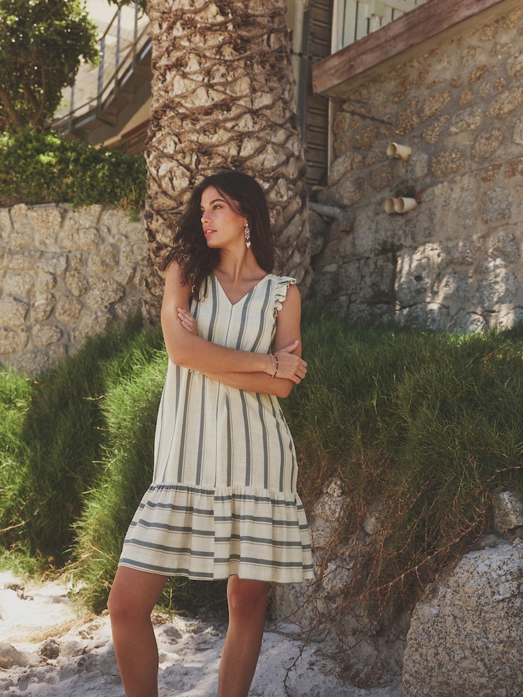White/Blue Stripe Ruffle Sleeve V-Neck Linen Blend Summer Dress - Image 2 of 7