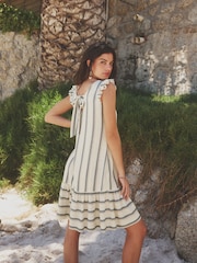 White/Blue Stripe Ruffle Sleeve V-Neck Linen Blend Summer Dress - Image 3 of 7