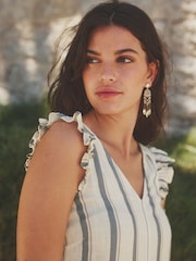 White/Blue Stripe Ruffle Sleeve V-Neck Linen Blend Summer Dress - Image 4 of 7