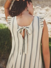 White/Blue Stripe Ruffle Sleeve V-Neck Linen Blend Summer Dress - Image 5 of 7