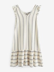 White/Blue Stripe Ruffle Sleeve V-Neck Linen Blend Summer Dress - Image 6 of 7