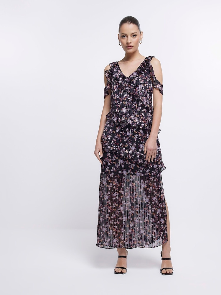River Island Black Midi Ruffle Dress - Image 1 of 4