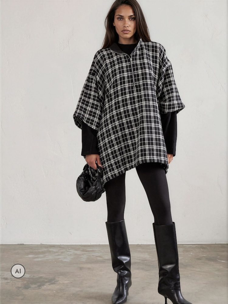 Religion Oversized Cosmos Poncho With Funnel Collar In Monochrome Check - Larawan 1 ng 8