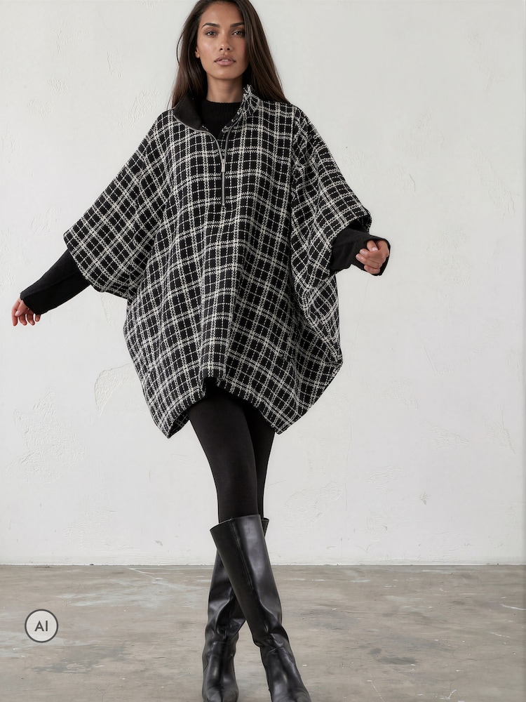 Religion Oversized Cosmos Poncho With Funnel Collar In Monochrome Check - Larawan 2 ng 8