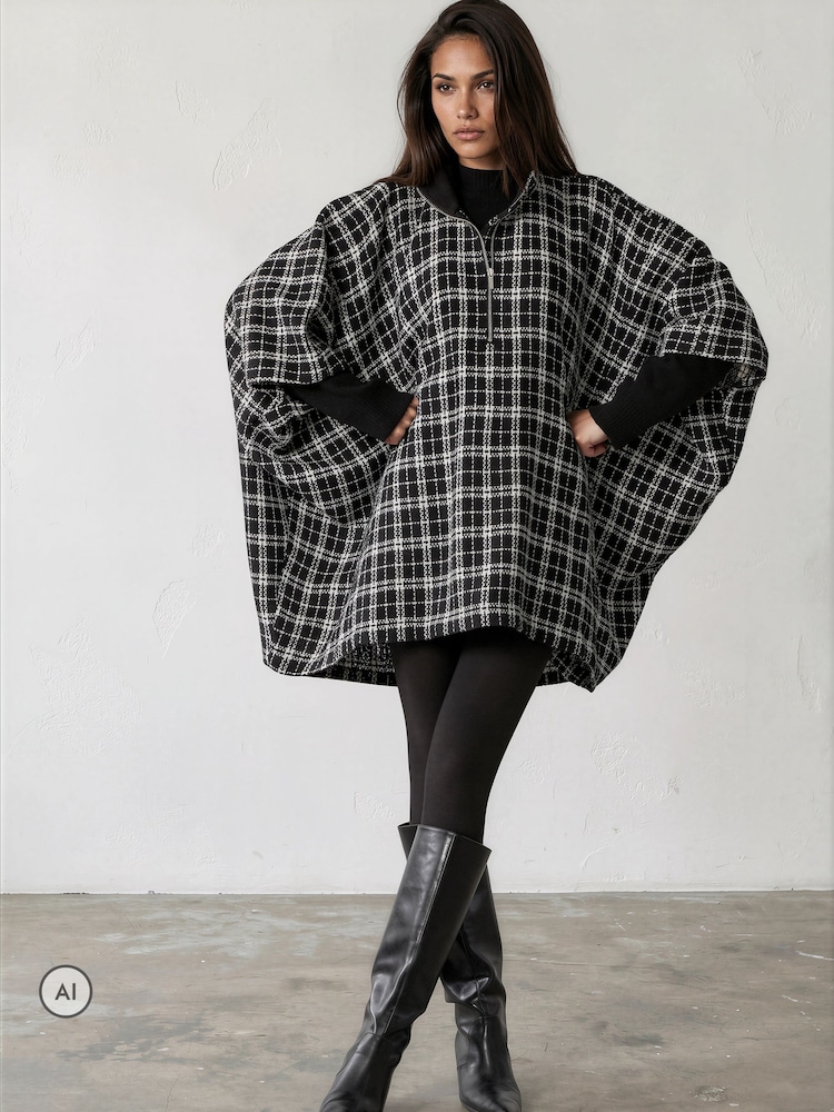 Religion Oversized Cosmos Poncho With Funnel Collar In Monochrome Check - Larawan 8 ng 8