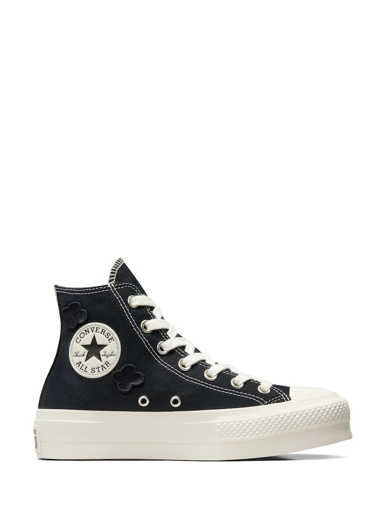 Converse Black Floral Detail Platform Lift Trainers - Image 3 of 11
