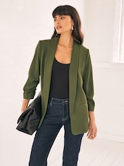 Khaki Green Relaxed Ruched Sleeve Blazer - Image 1 of 8