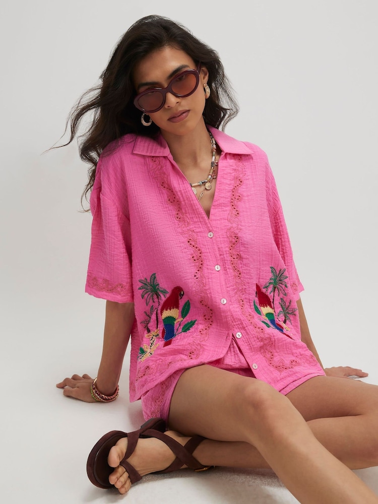 River Island Pink Parrot Embroidered Broderie Top - Image 1 of 4